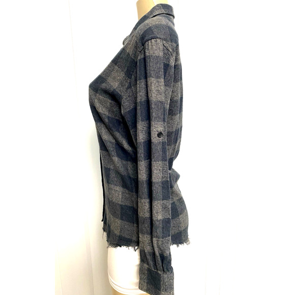 IRO Jeans Shirt Button Gray Plaid Donella Raw Hem Cotton Long Sleeve Roll Tab S - Picture 4 of 7